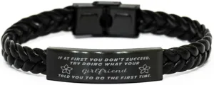 GIFTVILLE & SURPRISE Girlfriend Braided Leather Bracelet, If at first you don't succeed, try doing what your athletic trainer told you to do the first time., Laser Engraved, Stainless Steel Wristband