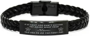 GIFTVILLE & SURPRISE Mom Braided Leather Bracelet, If at first you don't succeed, try doing what your athletic trainer told you to do the first time., Laser Engraved, Stainless Steel Wristband
