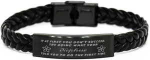 GIFTVILLE & SURPRISE Nephew Braided Leather Bracelet, If at first you don't succeed, try doing what your athletic trainer told you to do the first time., Laser Engraved, Stainless Steel Wristband