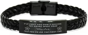 GIFTVILLE & SURPRISE Waiter Braided Leather Bracelet, If at first you don't succeed, try doing what your athletic trainer told you to do the first time., Laser Engraved, Stainless Steel Wristband