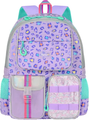 Girls School Backpack for Ages 6-12, Purple Leopard Print Bookbag with Adjustable Straps, Lightweight Waterproof Elementary Student Backpack for Daily Use and Travel