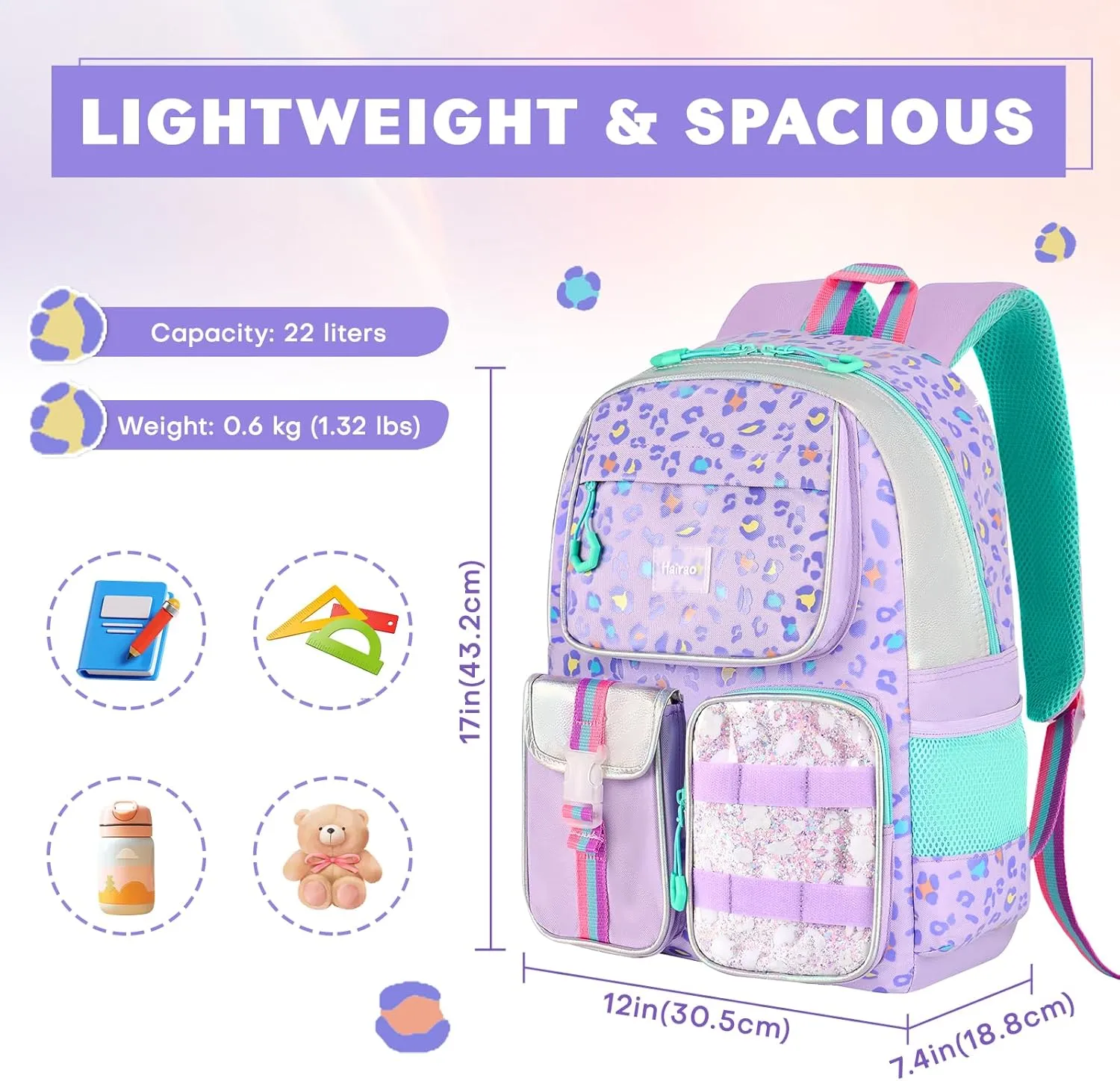 Girls School Backpack for Ages 6-12, Purple Leopard Print Bookbag with Adjustable Straps, Lightweight Waterproof Elementary Student Backpack for Daily Use and Travel