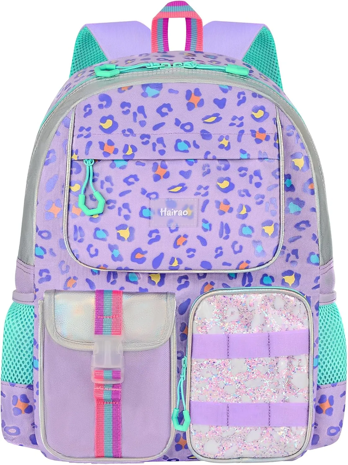 Girls School Backpack for Ages 6-12, Purple Leopard Print Bookbag with Adjustable Straps, Lightweight Waterproof Elementary Student Backpack for Daily Use and Travel