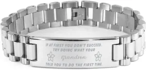 Grandson Bracelet, If at first you don't succeed, try doing what your athletic trainer told you to do the first time., Stainless Steel Courage Inspirational Wristband, Ladder Style