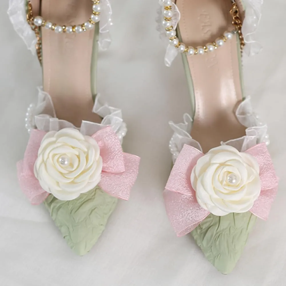 Green Lolita High Stiletto Heels Lace Bow Ankle Strap Pump Heeled Sandals Pointed Toe Pumps Lolita Princess Shoes