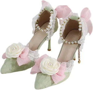 Green Lolita High Stiletto Heels Lace Bow Ankle Strap Pump Heeled Sandals Pointed Toe Pumps Lolita Princess Shoes