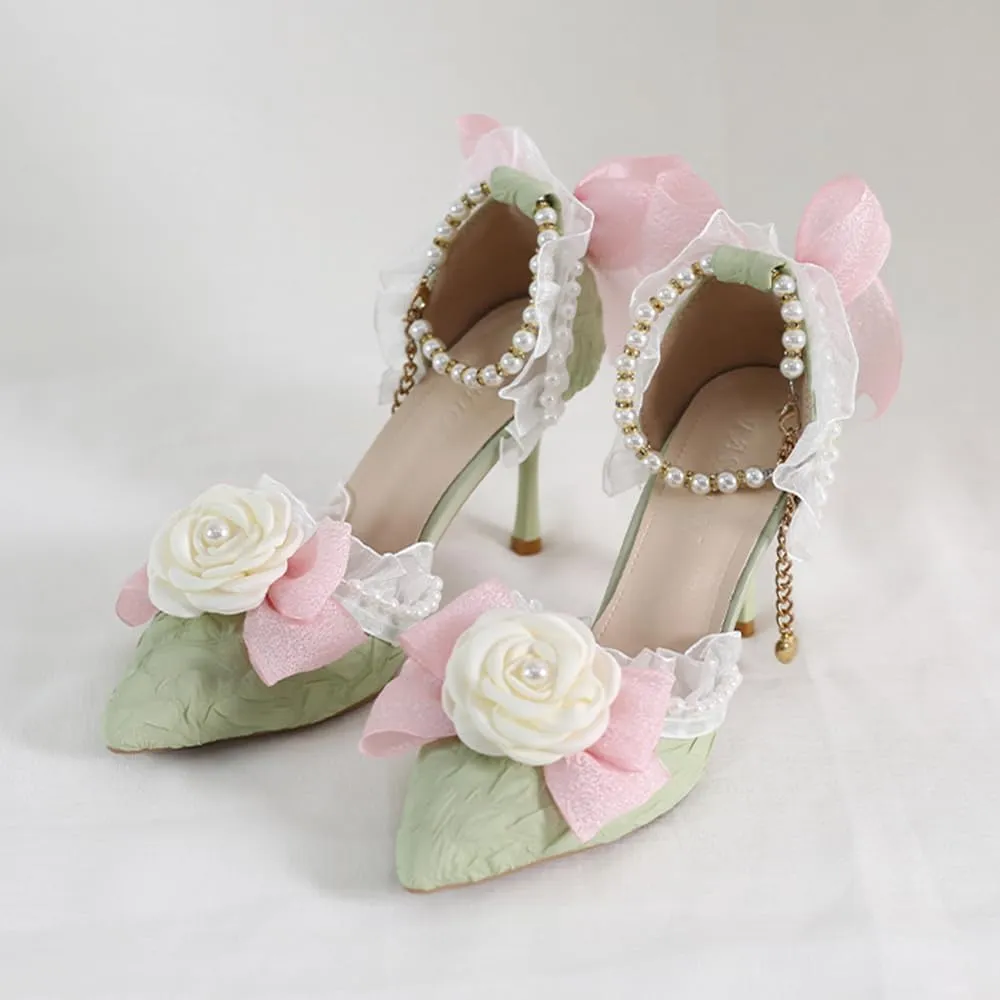 Green Lolita High Stiletto Heels Lace Bow Ankle Strap Pump Heeled Sandals Pointed Toe Pumps Lolita Princess Shoes