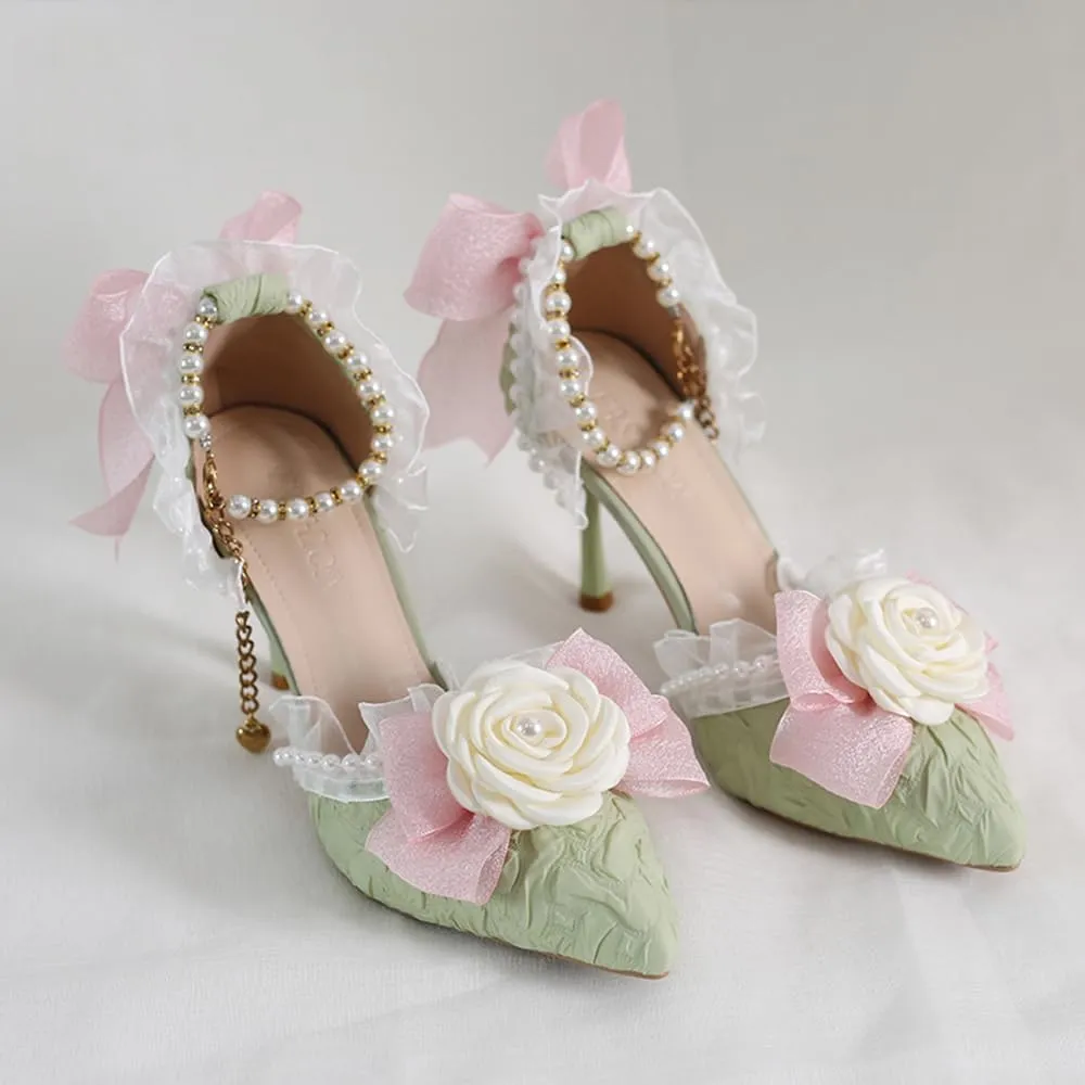 Green Lolita High Stiletto Heels Lace Bow Ankle Strap Pump Heeled Sandals Pointed Toe Pumps Lolita Princess Shoes