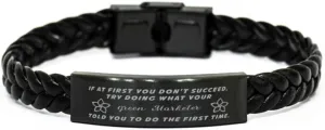 Green Marketer Braided Leather Bracelet, If at first you don't succeed, try doing what your athletic trainer told you to do the first time., Laser Engraved, Stainless Steel Wristband