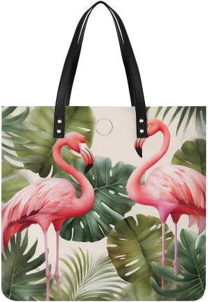 Grocery Bags Flamingo Palm Trees Leaf Bag for Women Lightweight Beach Bag Shoulder Bags for Travel Shopping Work Handbag