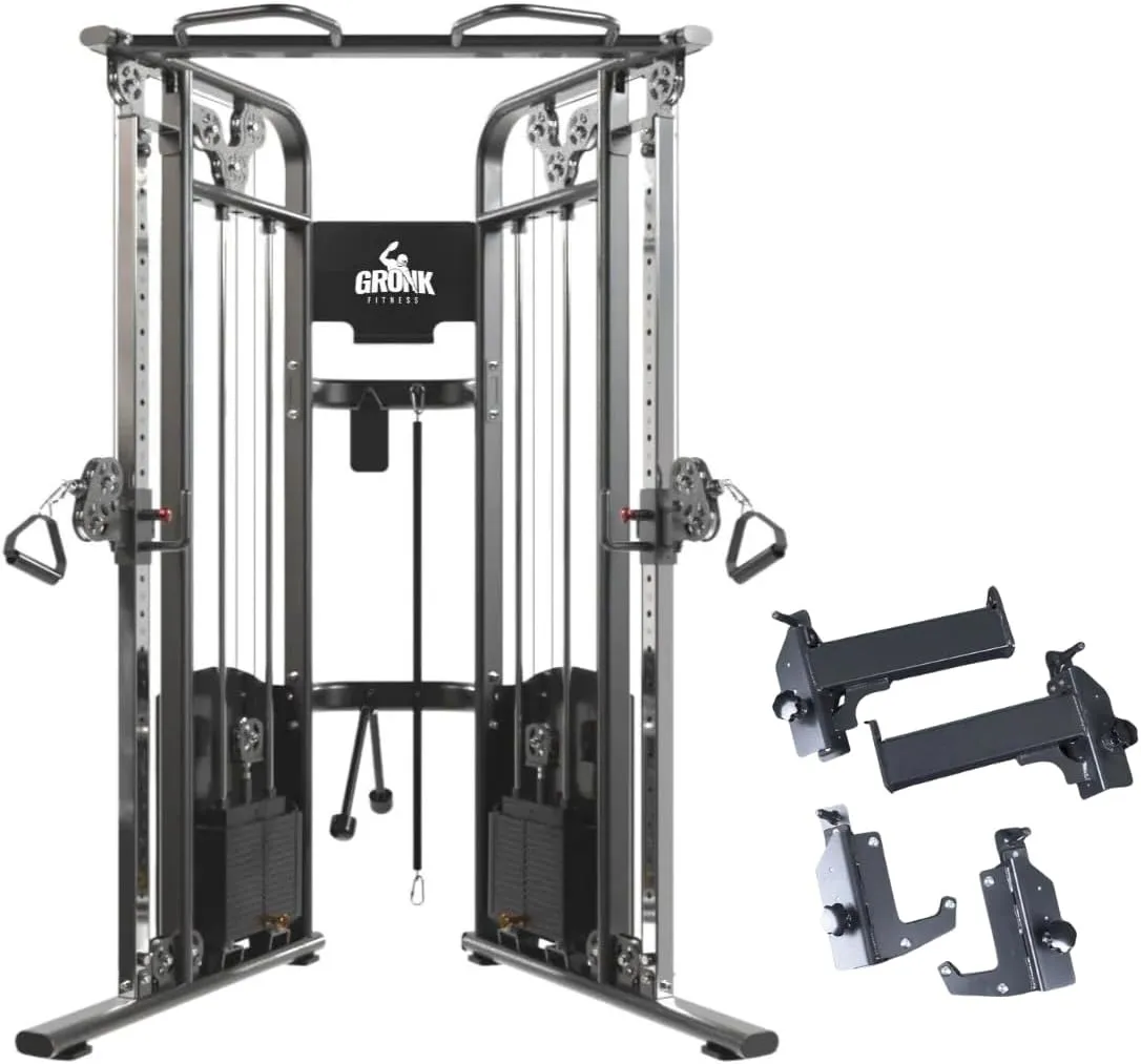 Gronk Fitness Functional Trainer with Dual 200lbs Weight Stacks for Cable Workout | Cable Crossover Machine | Multifunctional Cable Machine for Home & Commercial Gym w/ J Hook Half Rack Attachment