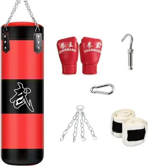 Hanging Punching Bag Set Unfilled, PU Heavy Boxing Bag Set with Punching Gloves, Hanging Chains and 2 Hand Warps Suitable for MMA Kickboxing Boxing Karate Muay Thai Taekwondo