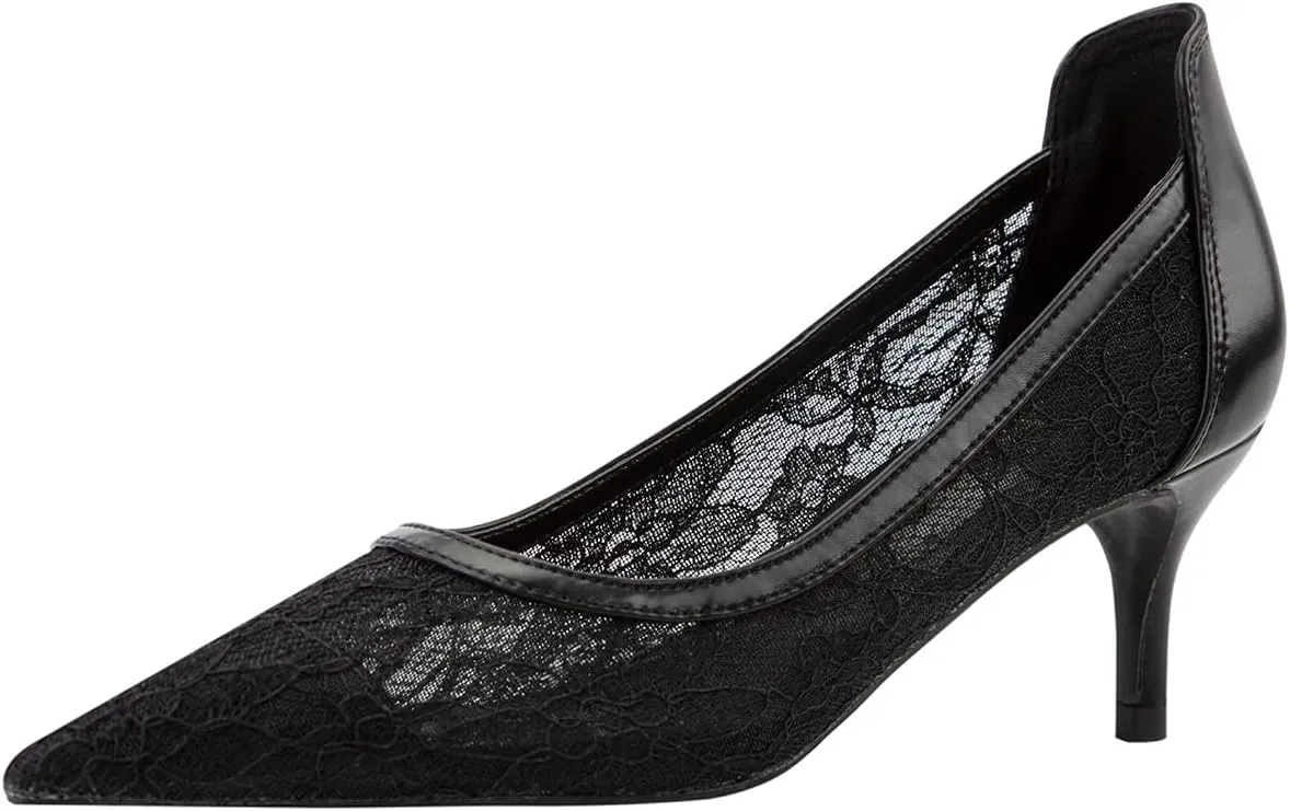 Hee grand Women Mid Heels Pointed Toe Pump Small Heels Office Shoes for Work Sexy Mesh Lace Wedding Party Dress Shoes