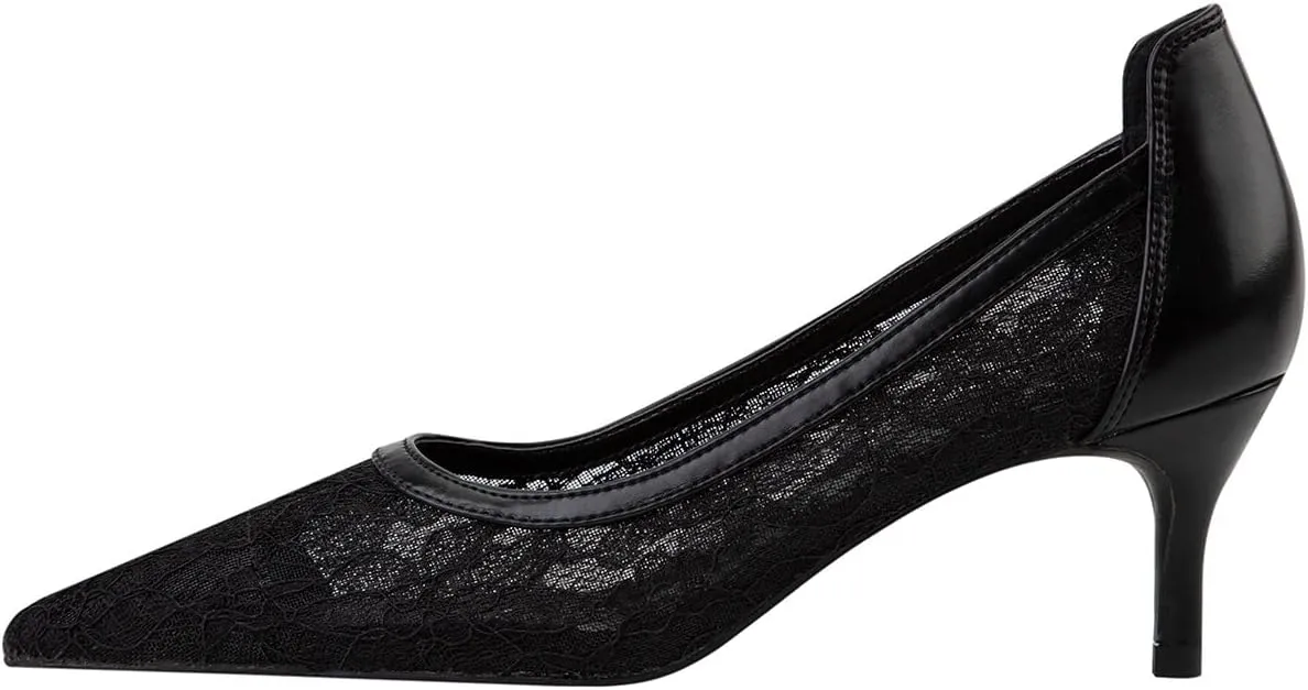 Hee grand Women Mid Heels Pointed Toe Pump Small Heels Office Shoes for Work Sexy Mesh Lace Wedding Party Dress Shoes