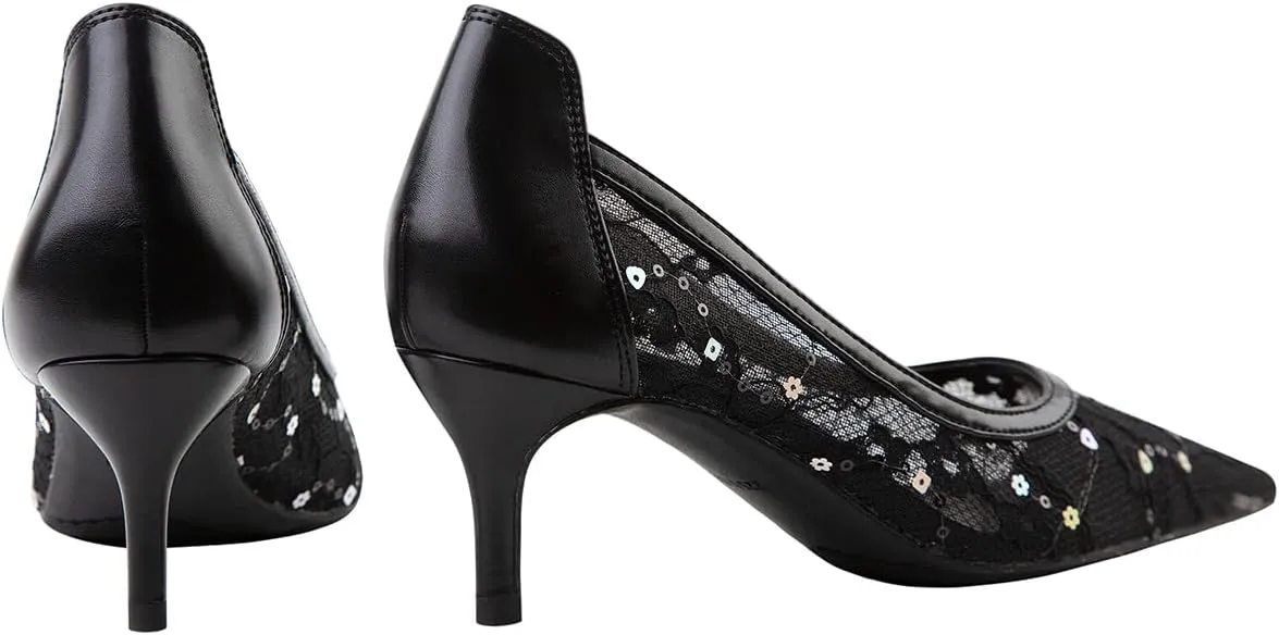Hee grand Women Mid Heels Pointed Toe Pump Small Heels Office Shoes for Work Sexy Mesh Lace Wedding Party Dress Shoes