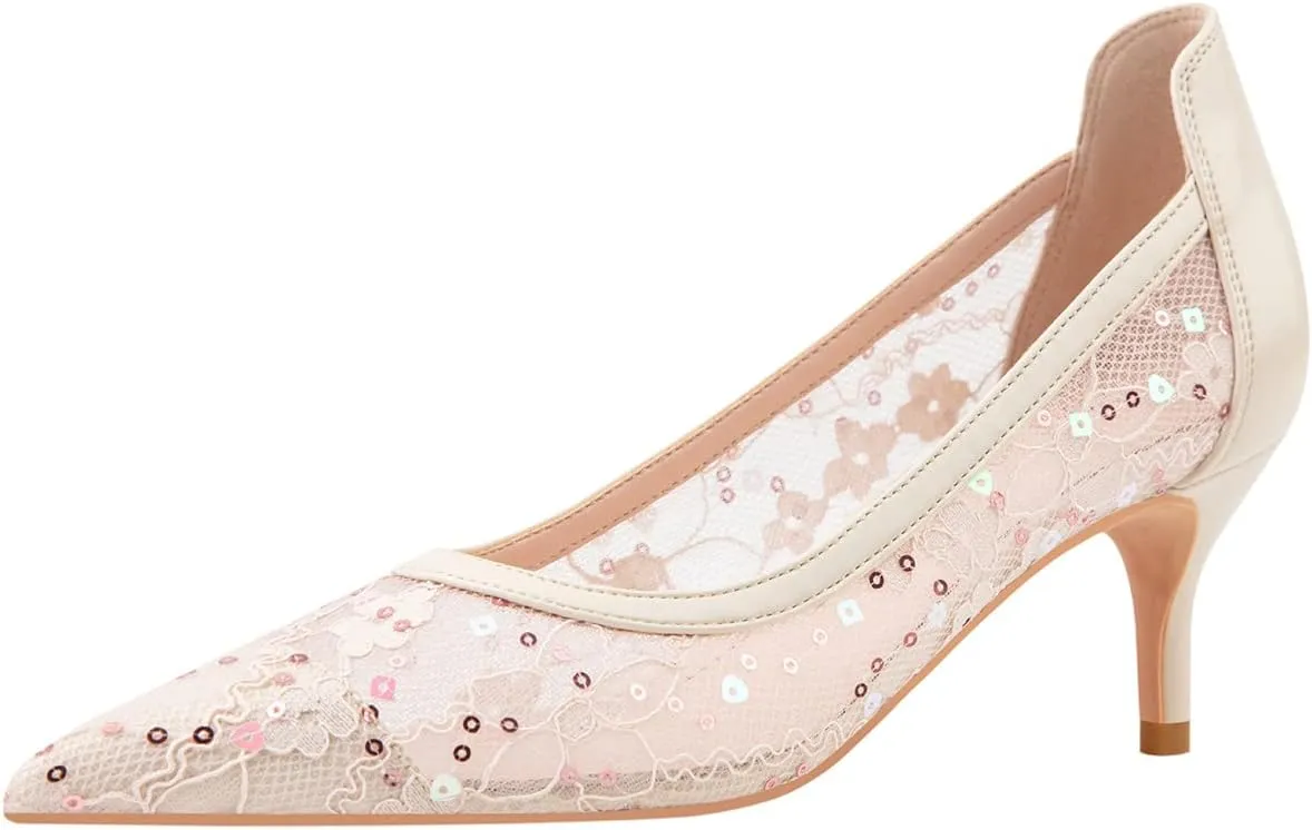 Hee grand Women Mid Heels Pointed Toe Pump Small Heels Office Shoes for Work Sexy Mesh Lace Wedding Party Dress Shoes