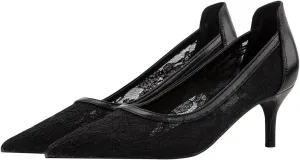 Hee grand Women Mid Heels Pointed Toe Pump Small Heels Office Shoes for Work Sexy Mesh Lace Wedding Party Dress Shoes