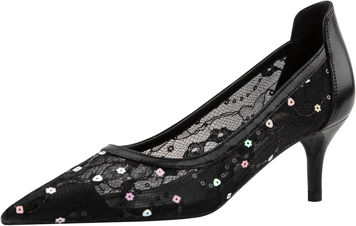 Hee grand Women Mid Heels Pointed Toe Pump Small Heels Office Shoes for Work Sexy Mesh Lace Wedding Party Dress Shoes