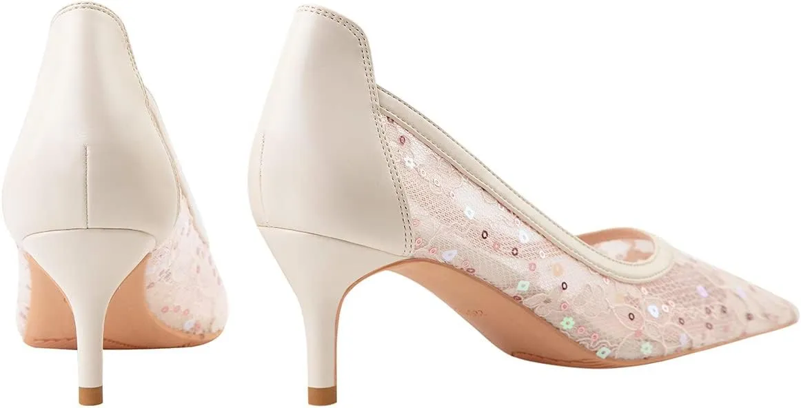 Hee grand Women Mid Heels Pointed Toe Pump Small Heels Office Shoes for Work Sexy Mesh Lace Wedding Party Dress Shoes