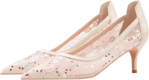 Hee grand Women Mid Heels Pointed Toe Pump Small Heels Office Shoes for Work Sexy Mesh Lace Wedding Party Dress Shoes
