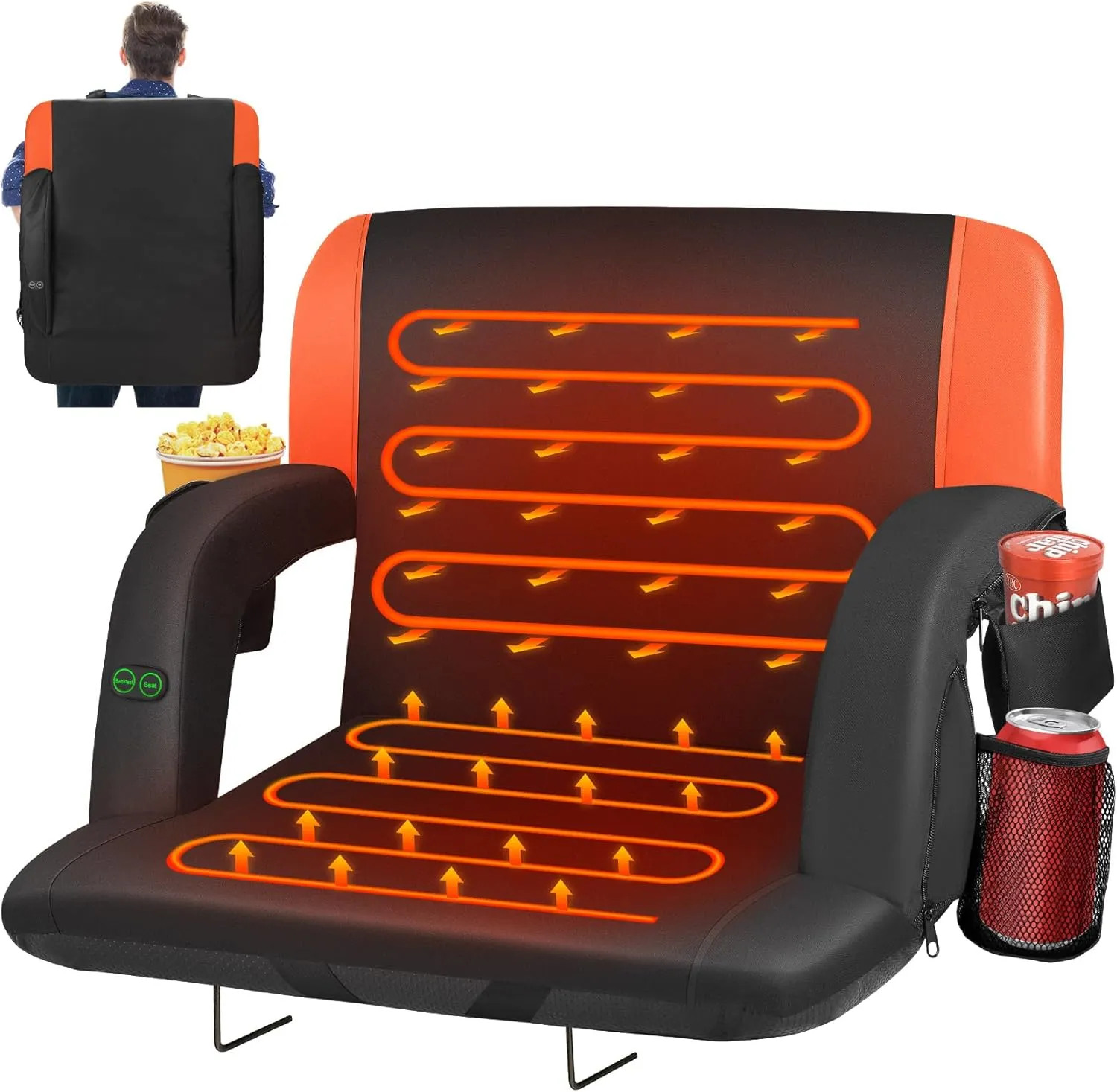 HOPERAN Dual-Sided Heated Stadium Seats for Bleachers with Back Support, 3 Levels Heating Bleacher Seats with Backs and Cushion Wide, 5 Pockets Portable Stadium Chair for Outdoor Sports (Orange)