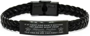 Human Factors Engineer Braided Leather Bracelet, If at first you don't succeed, try doing what your athletic trainer told you to do the first time., Laser Engraved, Stainless Steel Wristband