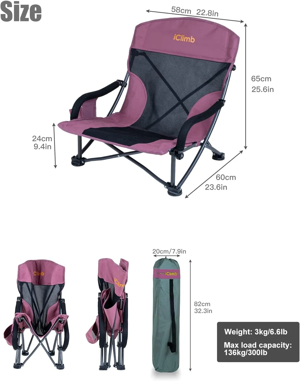 iClimb Low Wide Beach Camping Folding Chair with Side Pocket and Carry Bag (1, Dry Rose)