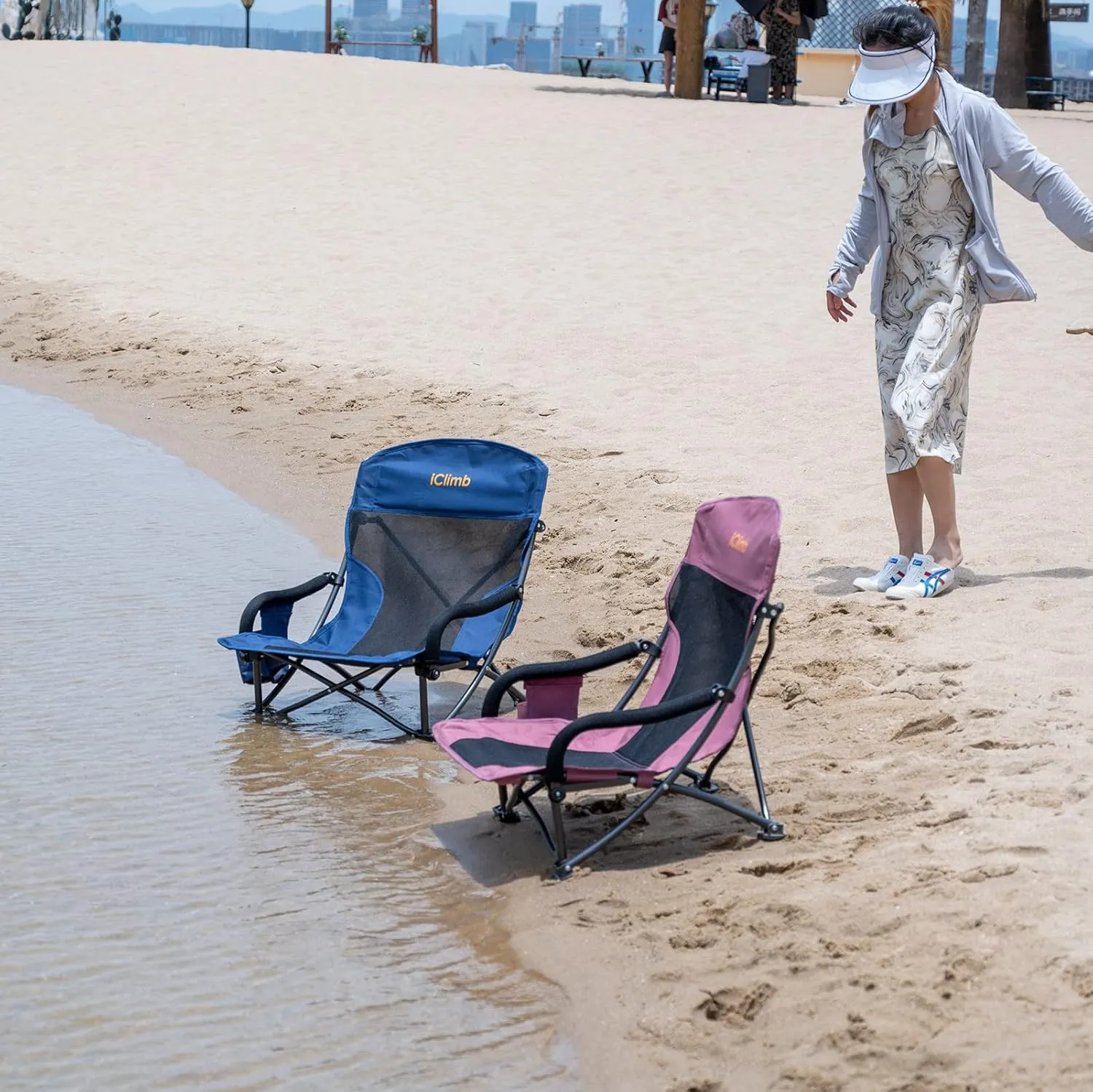 iClimb Low Wide Beach Camping Folding Chair with Side Pocket and Carry Bag (1, Dry Rose)