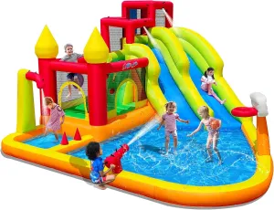 Inflatable Bounce House with Slides, Inflatable Water Slide for Kids Backyard, Bounce Water Prak with Air Blower, Splash Pool, Water Cannon, Climbing Wall, Outdoor Backyard Water Park