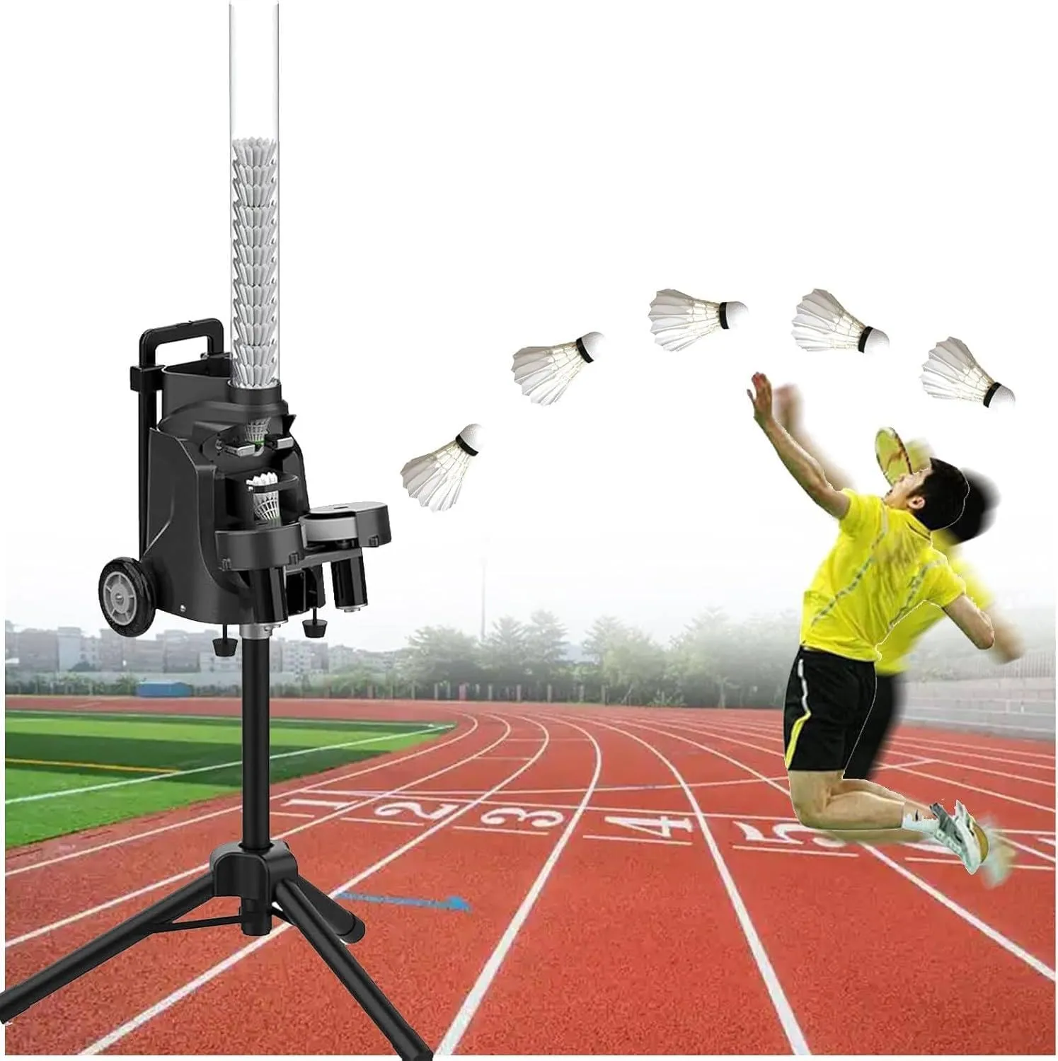 Intelligent Badminton Serve Machine, Portable Badminton Shuttlecock Machine with APP Control, Badminton Pitching Machine, Hold 52 Balls at Once, Serving Frequency: 1.0S-5S, Serve Height 7M