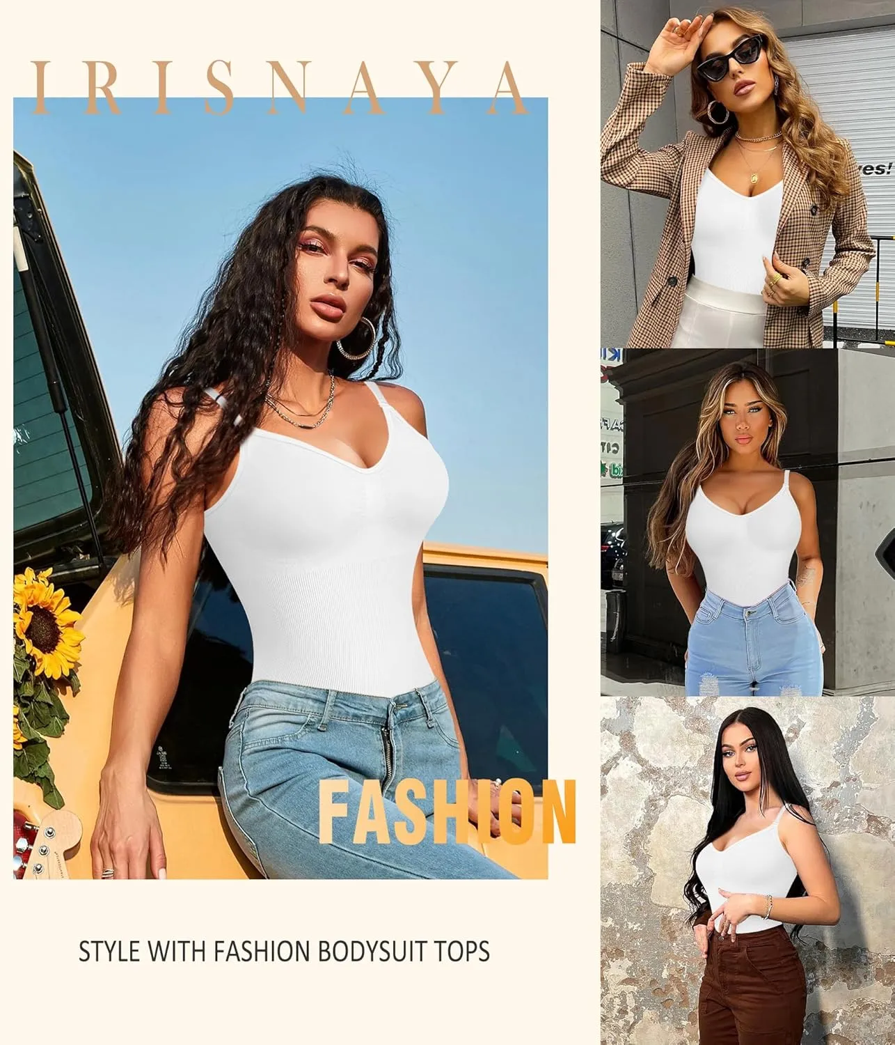Irisnaya Women Slimming Bodysuits Shapewear Tops Tummy Control Body Shaper Spaghetti Strap Camisole Leotards Bodycon Jumpsuit