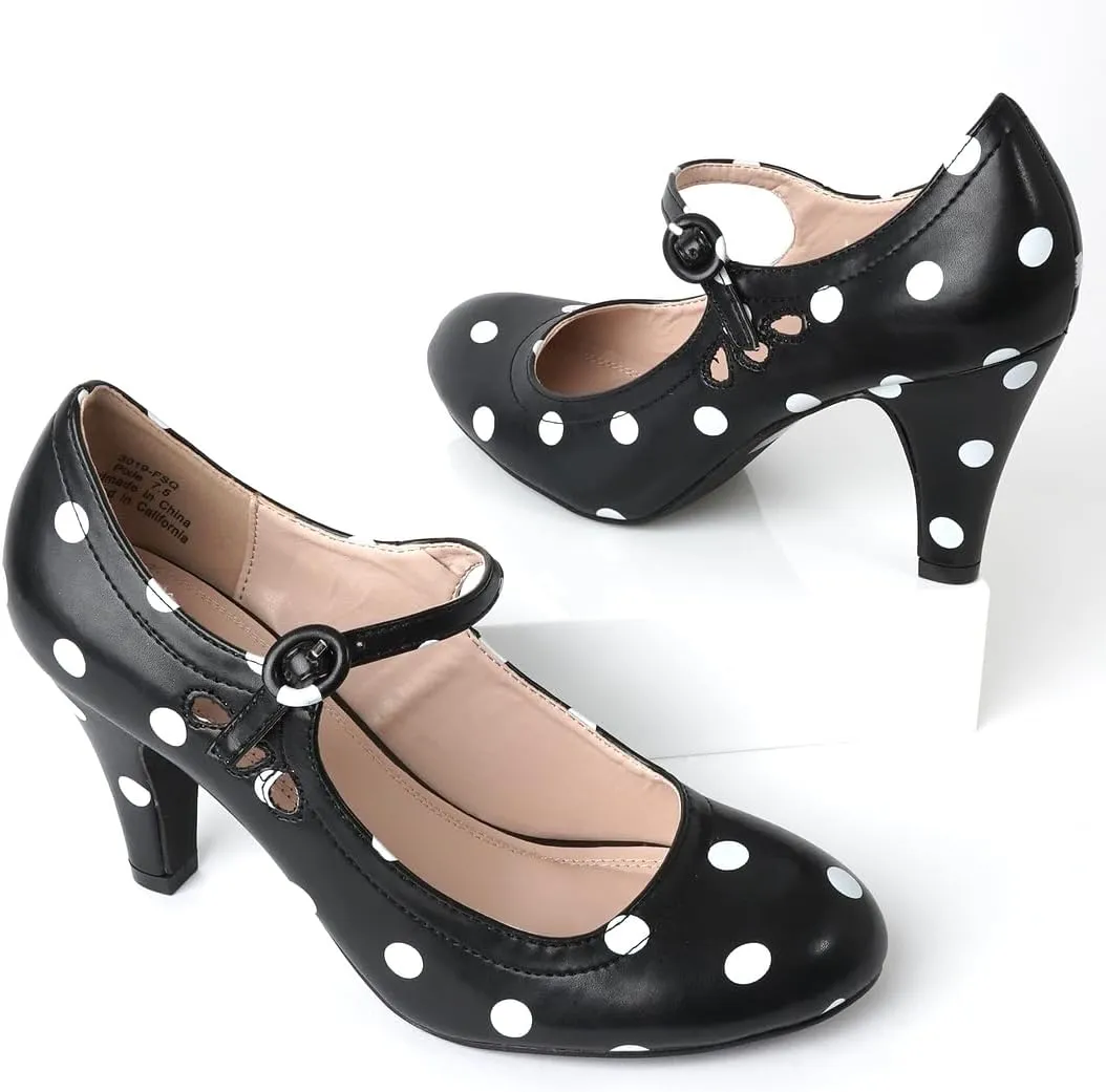 J. Adams Pixie Mary Jane Shoes Women Oxford Pumps - Cute Low Kitten High Heels - Retro Vintage Shoes for Women 1950s Mary Janes Round Toe Shoe with Ankle Strap - Women Dress Shoes