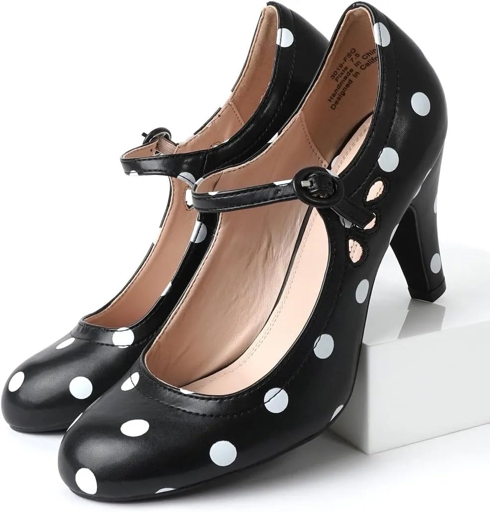 J. Adams Pixie Mary Jane Shoes Women Oxford Pumps - Cute Low Kitten High Heels - Retro Vintage Shoes for Women 1950s Mary Janes Round Toe Shoe with Ankle Strap - Women Dress Shoes