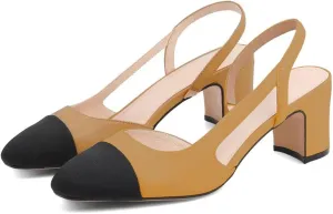 JANSEVEN Slingback Shoes For Women Heels Chunky Pumps Block Heel Two Straps Heeled Sandals Almond Cap Toe Pump Splicing Two Tone Dress Office Shoes