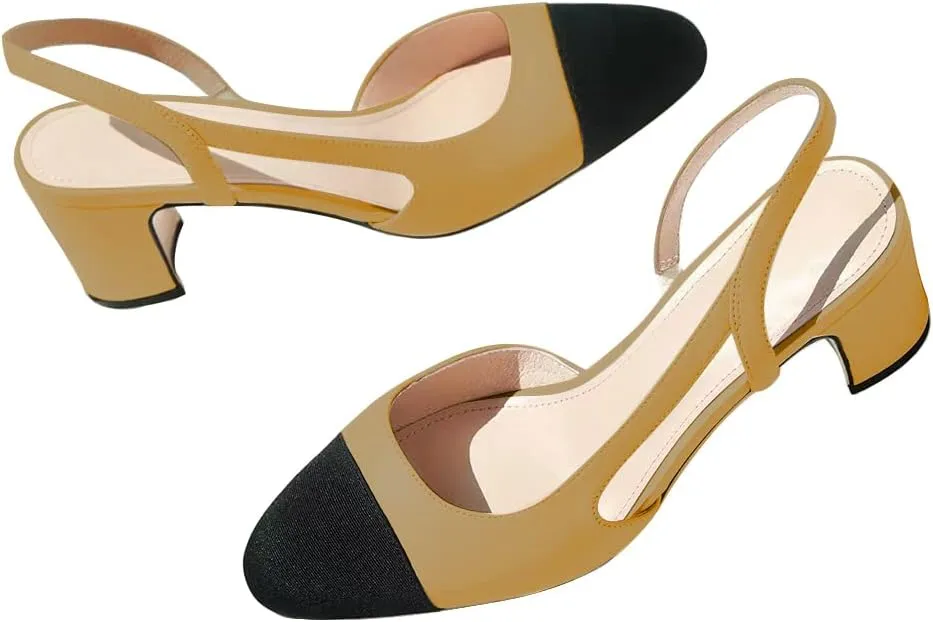 JANSEVEN Slingback Shoes For Women Heels Chunky Pumps Block Heel Two Straps Heeled Sandals Almond Cap Toe Pump Splicing Two Tone Dress Office Shoes