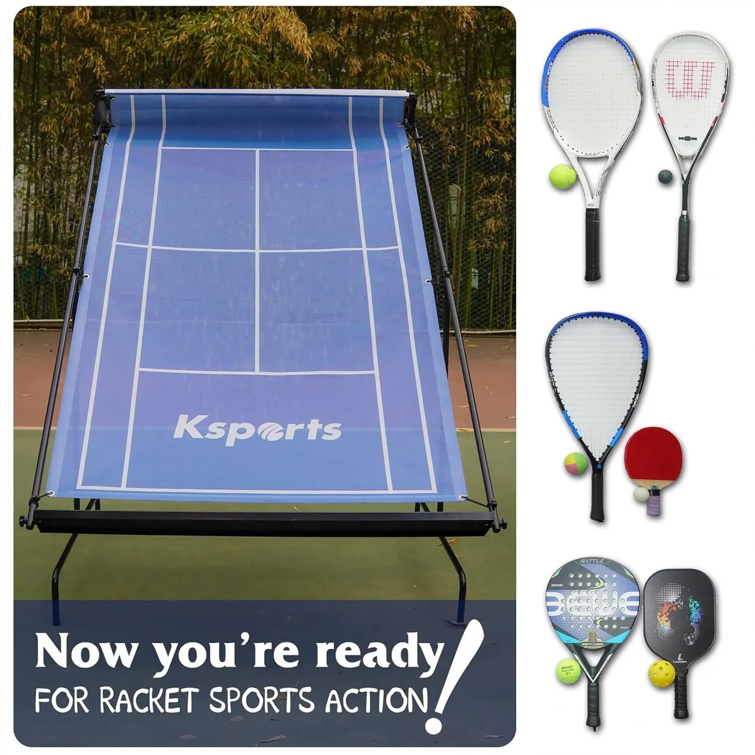 Ksports Tennis Rebounder Net – Multi Racket Sports Trainer for Tennis, Pickleball, Padel, Squash & Racquetball – Quick Assembly, Portable with Carry Bag