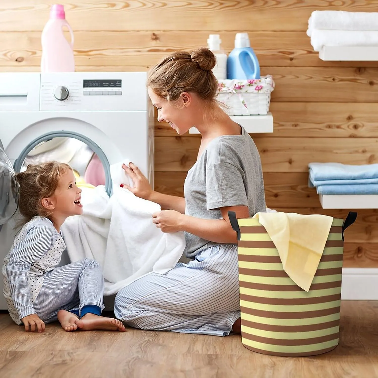 Large Laundry Hamper Bag, Pale Yellow and Brown Stripes Collapsible Laundry Basket Waterproof Dirty Clothes Organizer Containers for College Dorms