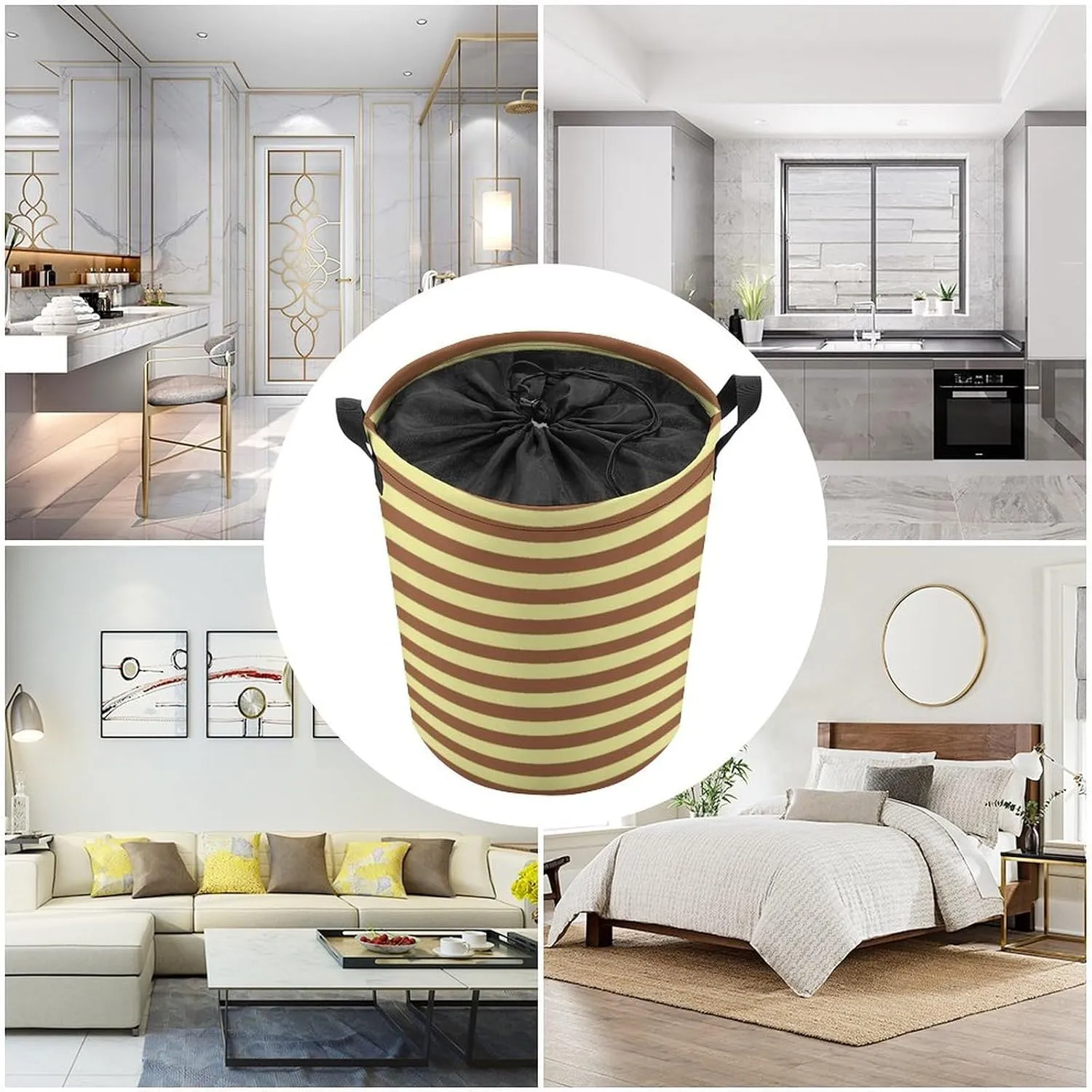 Large Laundry Hamper Bag, Pale Yellow and Brown Stripes Collapsible Laundry Basket Waterproof Dirty Clothes Organizer Containers for College Dorms