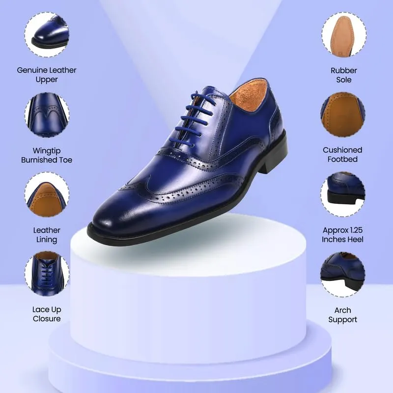 LIBERTYZENO Mens Plain & Animal Print Blue Genuine Leather Adults Lace Up Oxford Dress Shoes for Easter Gift