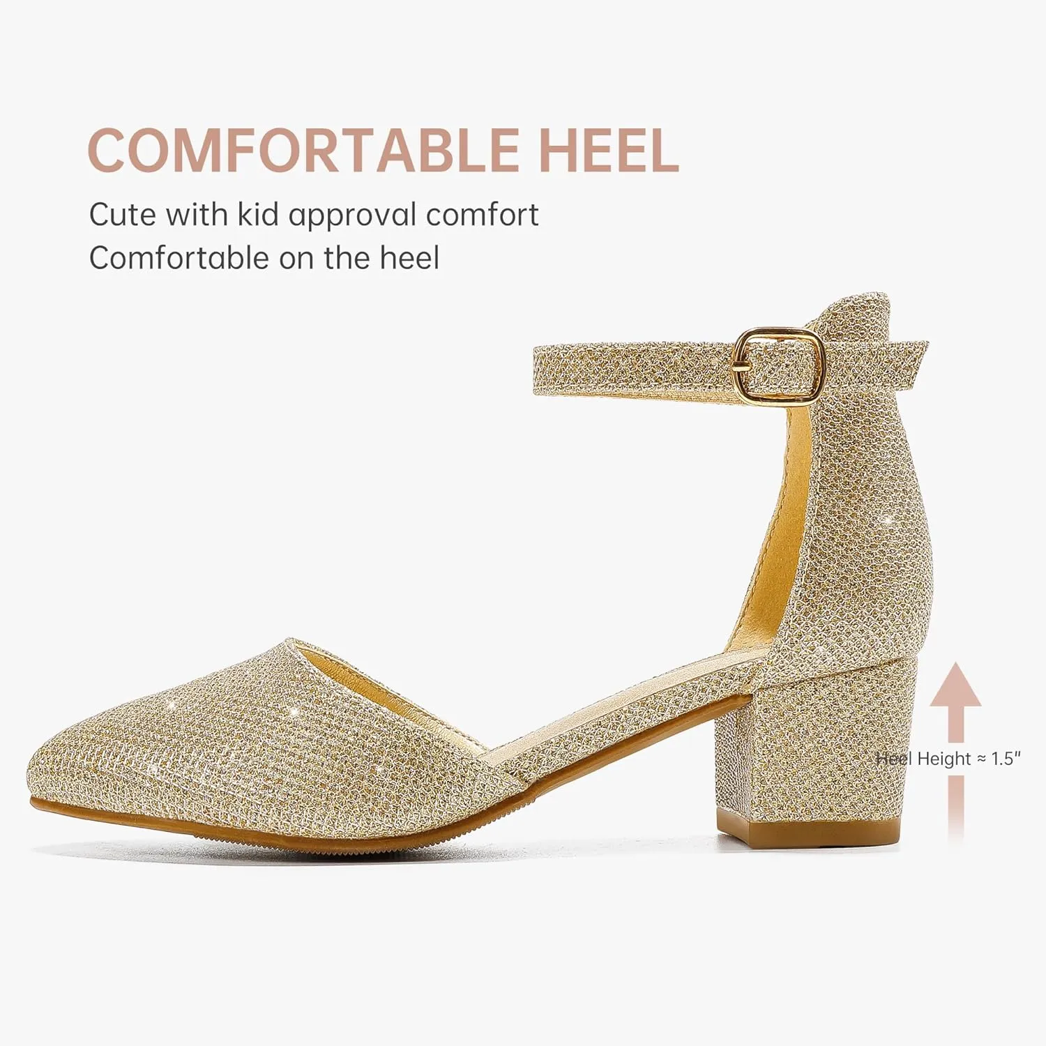 Little Girls Sandals Closed Toe High Heels Formal Dress Shoes Ankle Strap Pointed Toe Heeled for Little Big Kids in Wedding Party Block Chunky Pump Shoes