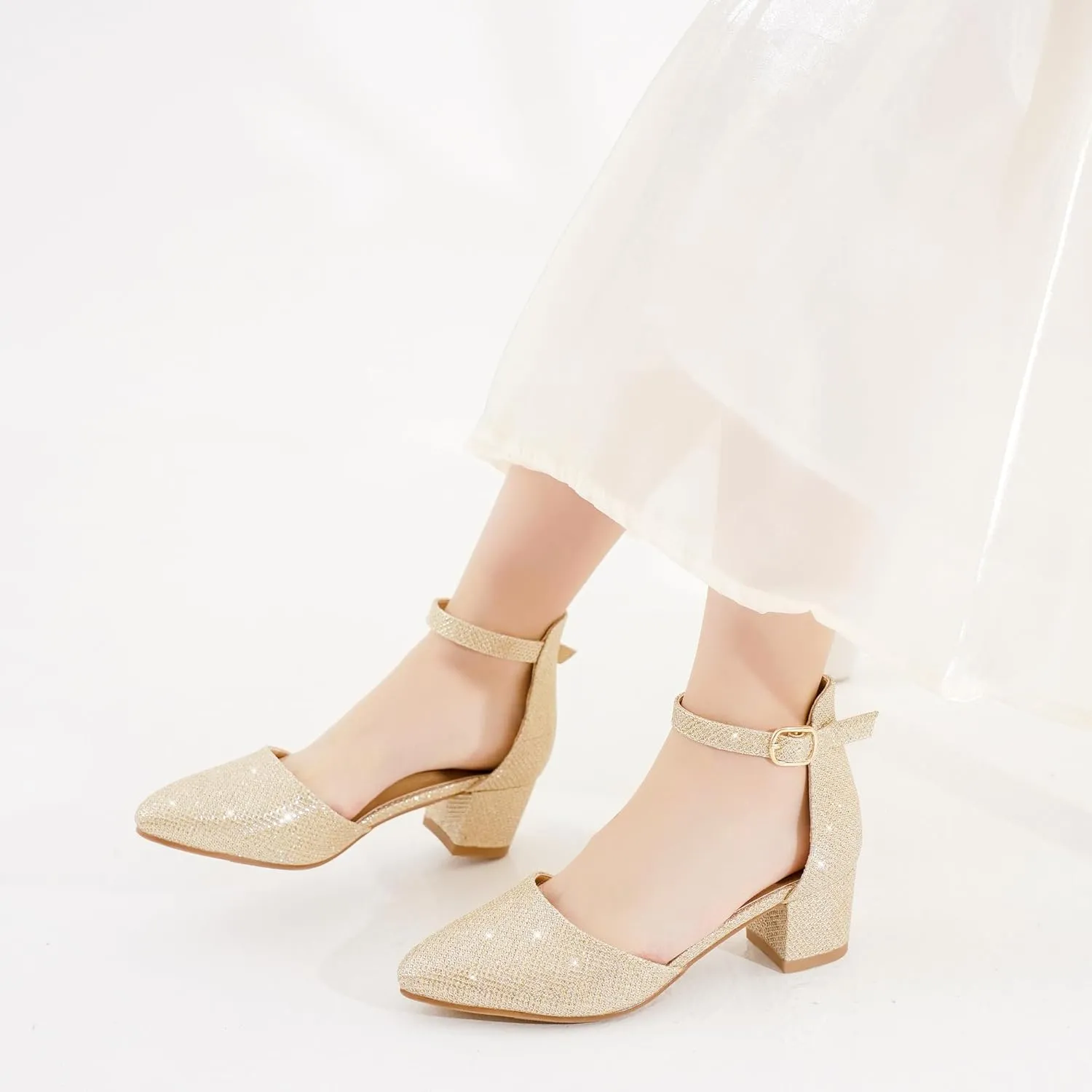 Little Girls Sandals Closed Toe High Heels Formal Dress Shoes Ankle Strap Pointed Toe Heeled for Little Big Kids in Wedding Party Block Chunky Pump Shoes