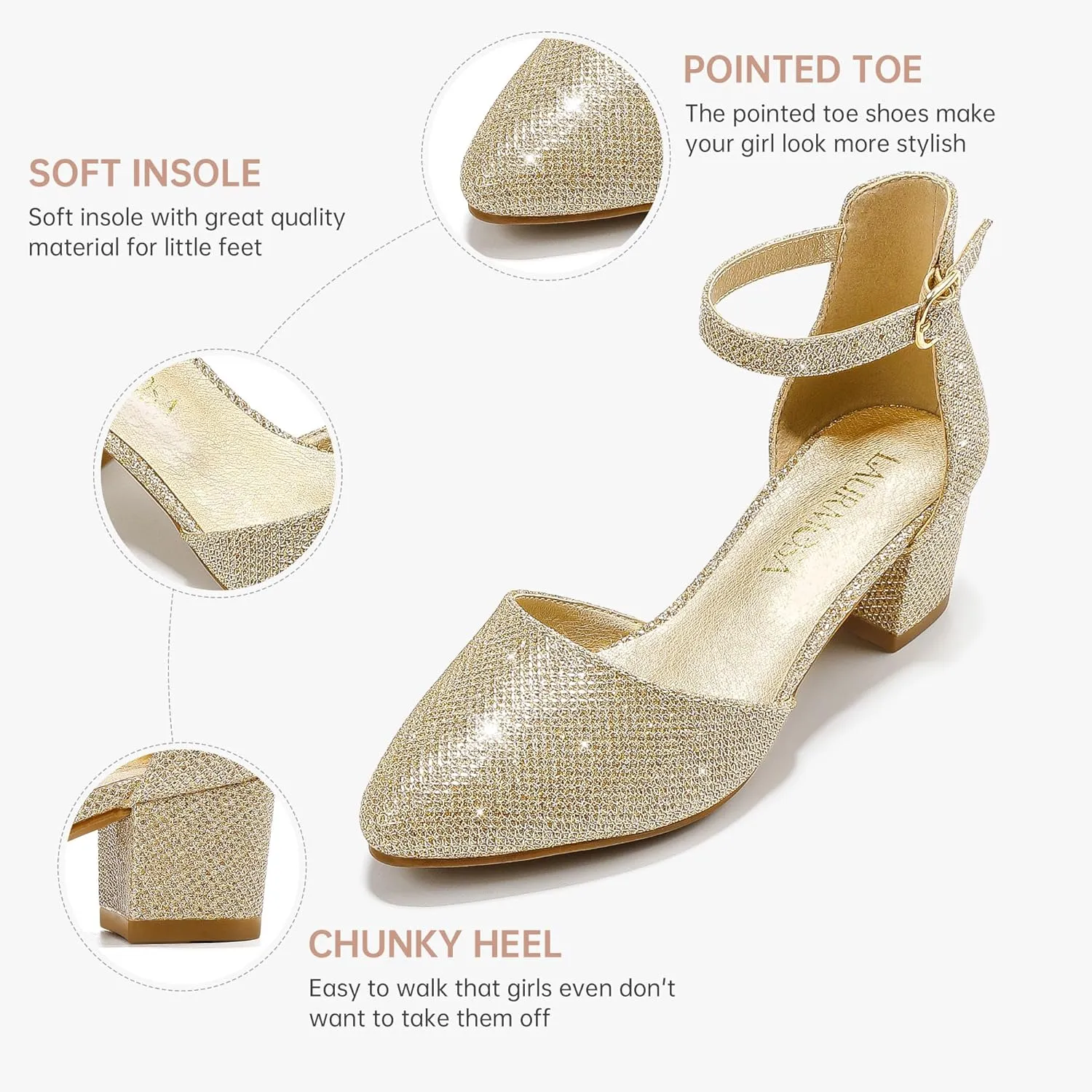 Little Girls Sandals Closed Toe High Heels Formal Dress Shoes Ankle Strap Pointed Toe Heeled for Little Big Kids in Wedding Party Block Chunky Pump Shoes