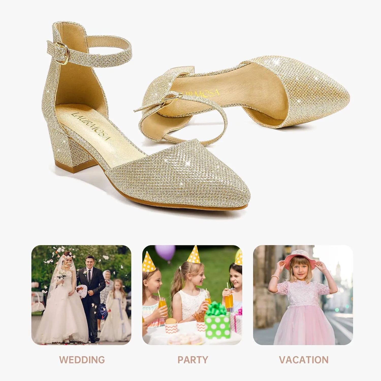 Little Girls Sandals Closed Toe High Heels Formal Dress Shoes Ankle Strap Pointed Toe Heeled for Little Big Kids in Wedding Party Block Chunky Pump Shoes