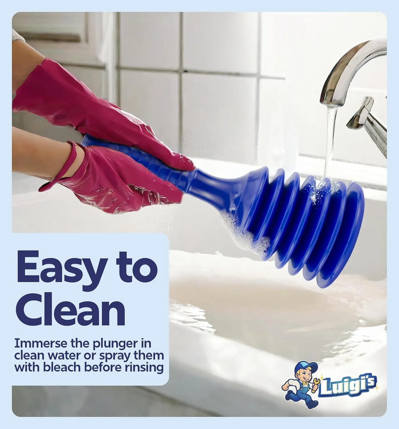 Luigi's Sink and Drain Plunger for Bathrooms, Kitchens, Sinks, Baths and Showers. Small and Powerful, Commercial Style 'Plumbers Plunger' with Large Bellows