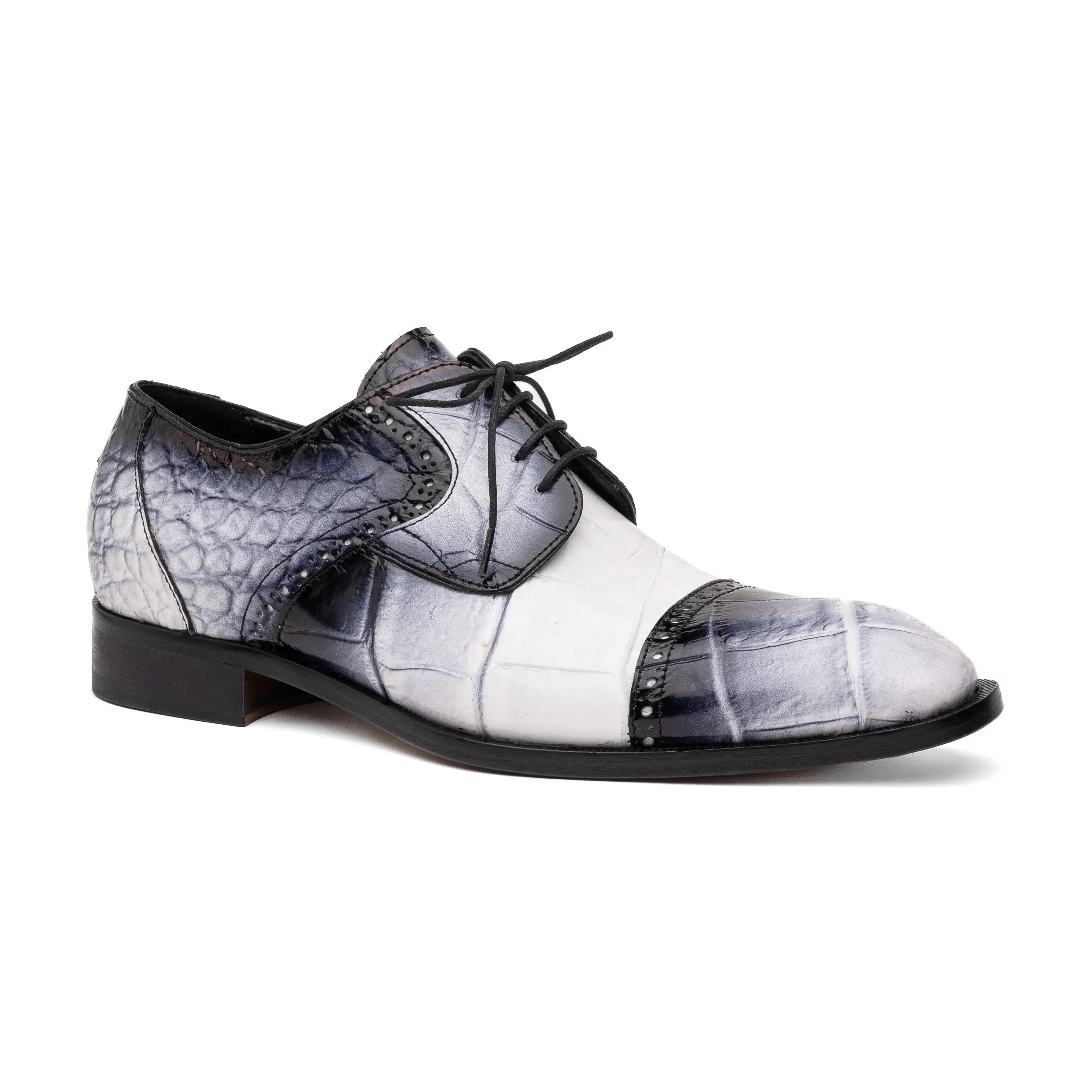 Mauri Flawless in White / Dirty Black Mens Exotic Alligator Cap-Toe Derby Oxfords