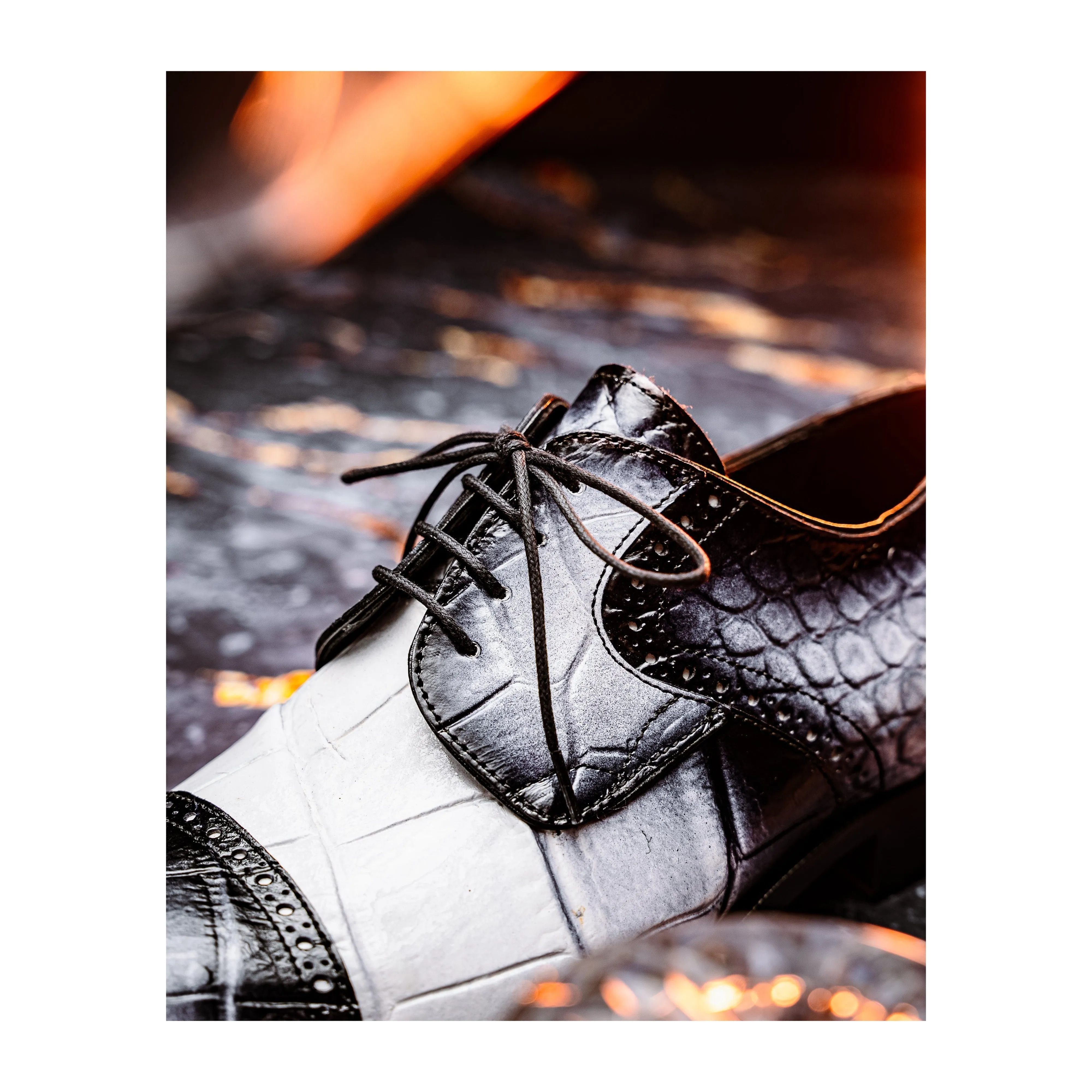 Mauri Flawless in White / Dirty Black Mens Exotic Alligator Cap-Toe Derby Oxfords