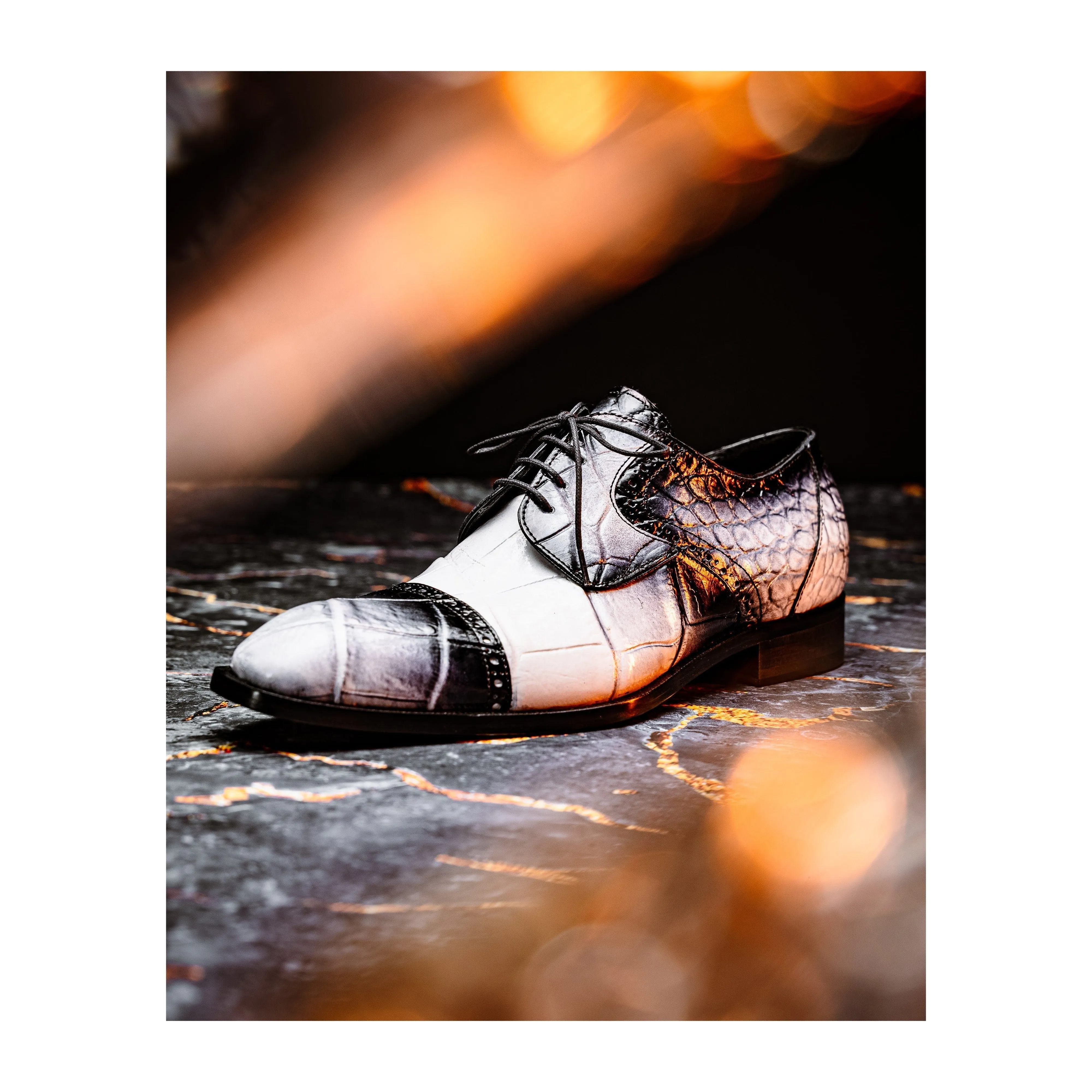 Mauri Flawless in White / Dirty Black Mens Exotic Alligator Cap-Toe Derby Oxfords