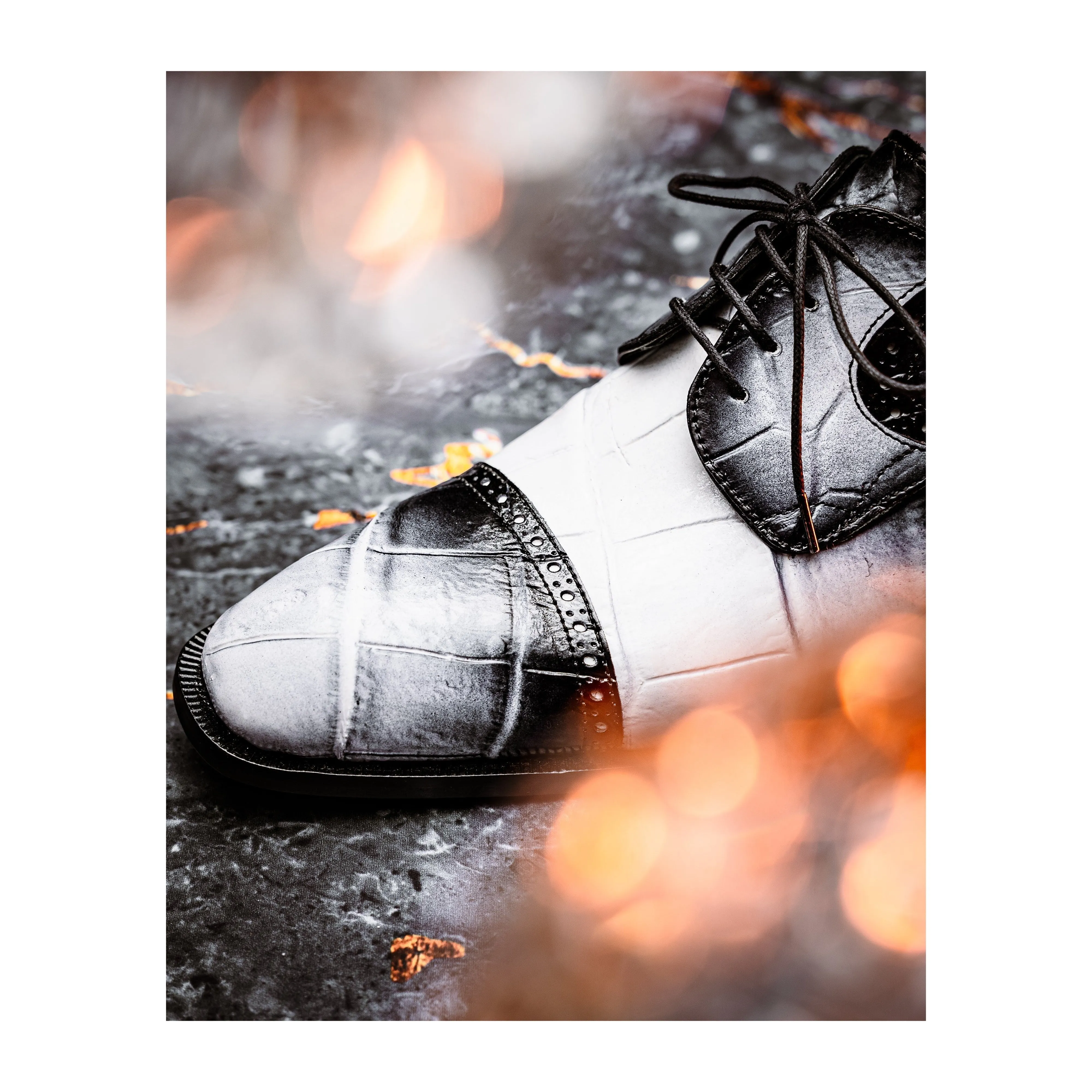 Mauri Flawless in White / Dirty Black Mens Exotic Alligator Cap-Toe Derby Oxfords