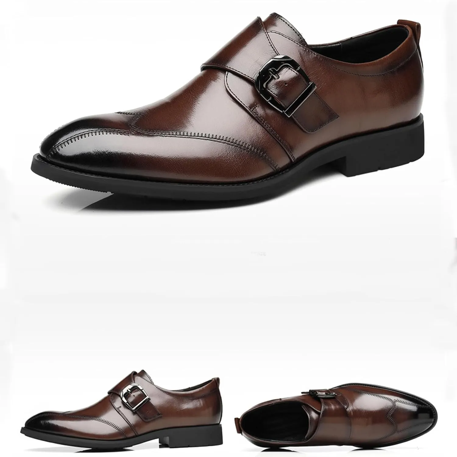 Men's Leather Monk Strap Oxford Dress Shoes Classic Cap Toe Derby Shoes Fashion Business Formal Shoes Breathable Wedding Shoes