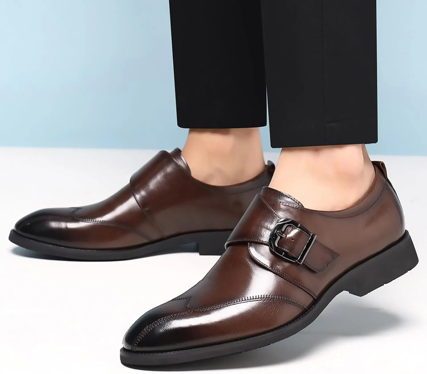 Men's Leather Monk Strap Oxford Dress Shoes Classic Cap Toe Derby Shoes Fashion Business Formal Shoes Breathable Wedding Shoes